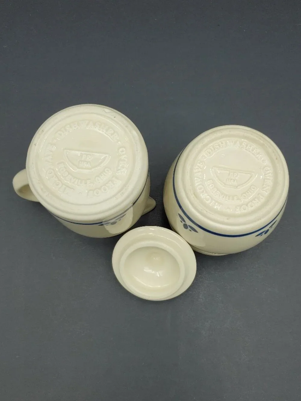 Friendship Pottery Roseville Ohio Blue Flowers Creamer & Sugar Bowl with Lid